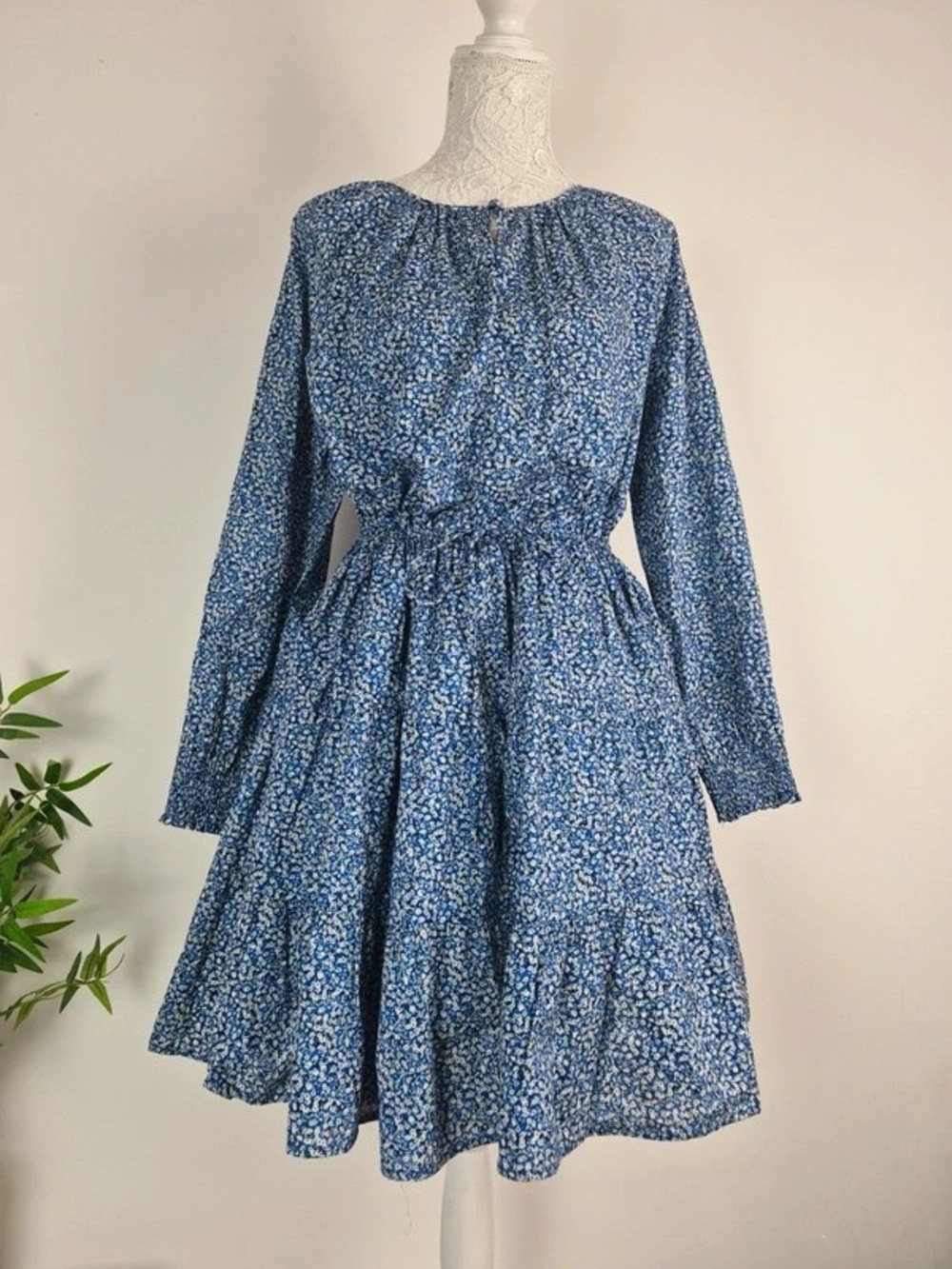 Blue Floral Long-Sleeve Tiered Maxi Dress by